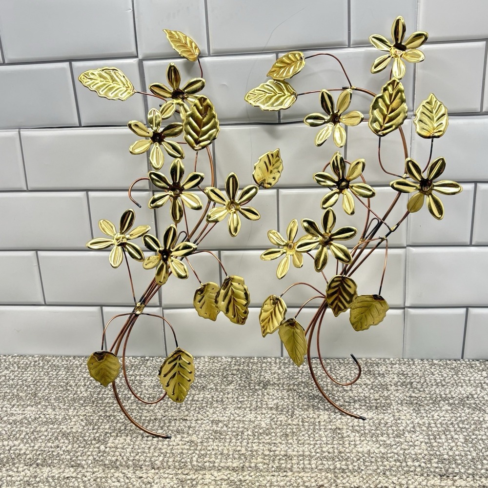 VTG Home Interior Homco Brass Metal Wall Decor Flowers & Leaves Set Of 2